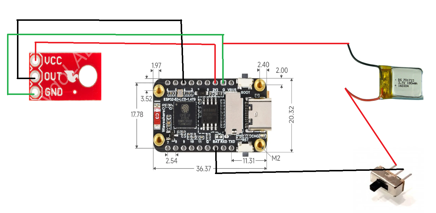 PWS3D physical unit wiring diagram showing the QRE1113 sensor, Waveshare ESP32-S3 1.47 inch board, 3.7 V 180 mAh LiPo battery, and SS12D00G slide switch wiring.